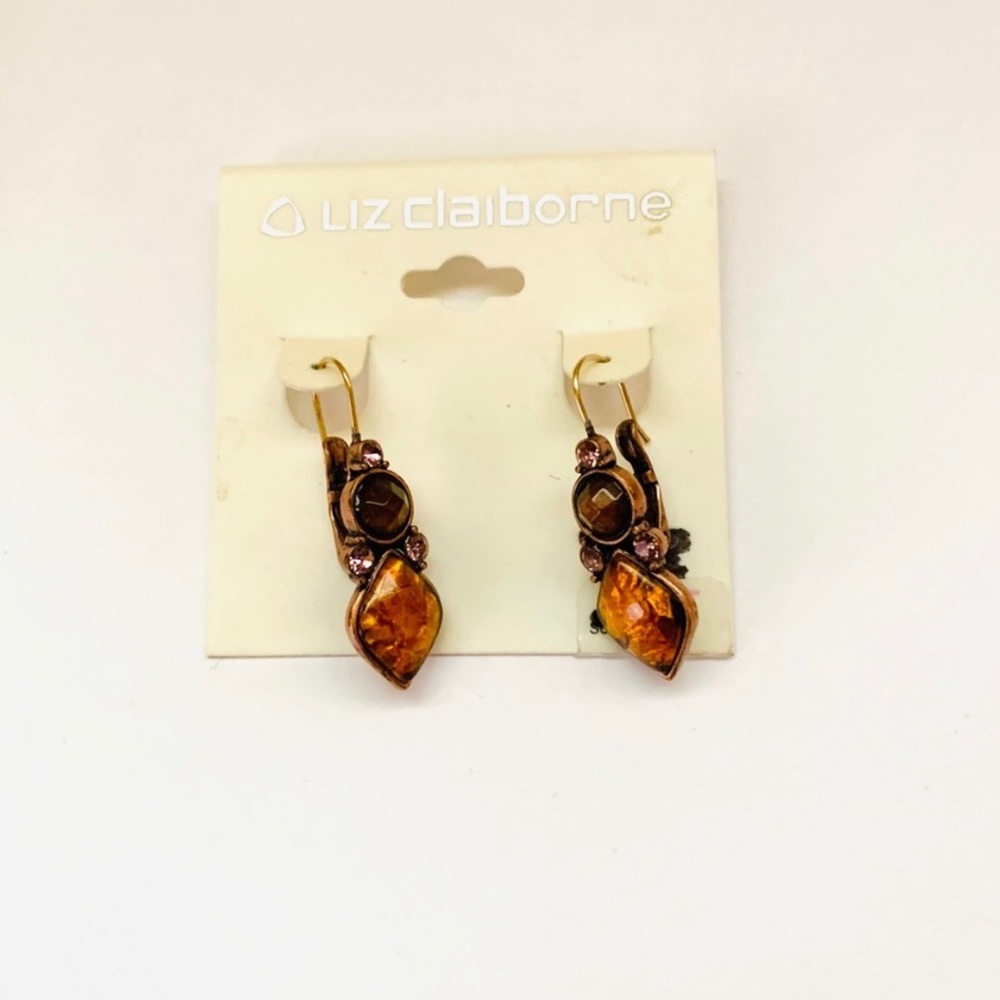 Liz Claiborne Brown Clip On Jewel Stoned Earrings